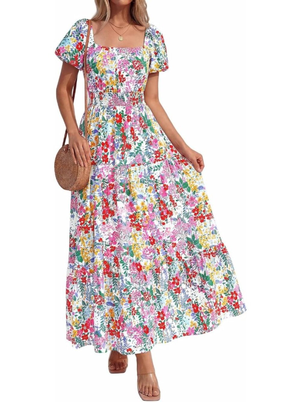 Women's White Multicolor Summer 2026 Spring Short Sleeve A-Line Maxi Dresses